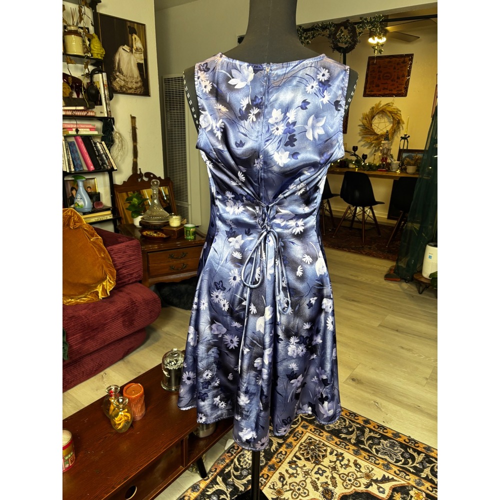 Lisa Jo Floral Print Blue Satin Lace Up Back Dress Women's Y2K 90's - Picture 3 of 8